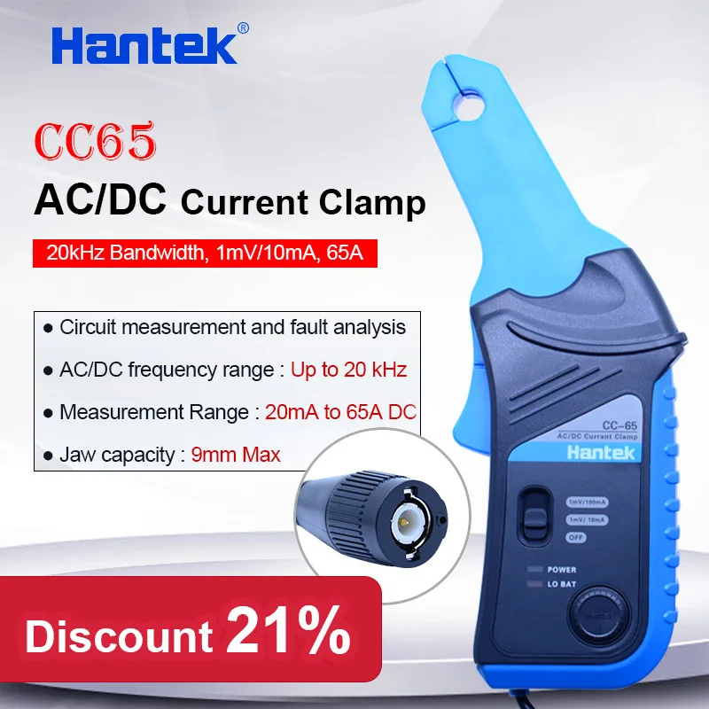 

Hantek CC65 AC/DC Current Clamp Meter for oscilloscope CC-65 20KHz Bandwidth 1mV/10mA 65A with BNC/Banana type connector
