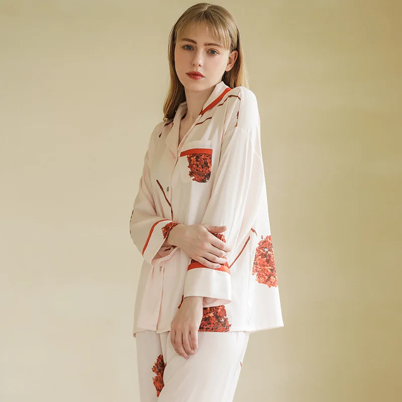 

Casual Cardigan Button Pyjamas Suits 2PCS Satin Full Sleeve Sleepwear Turn Down Collar Floral Printed Nightwear Lady Lounge Set