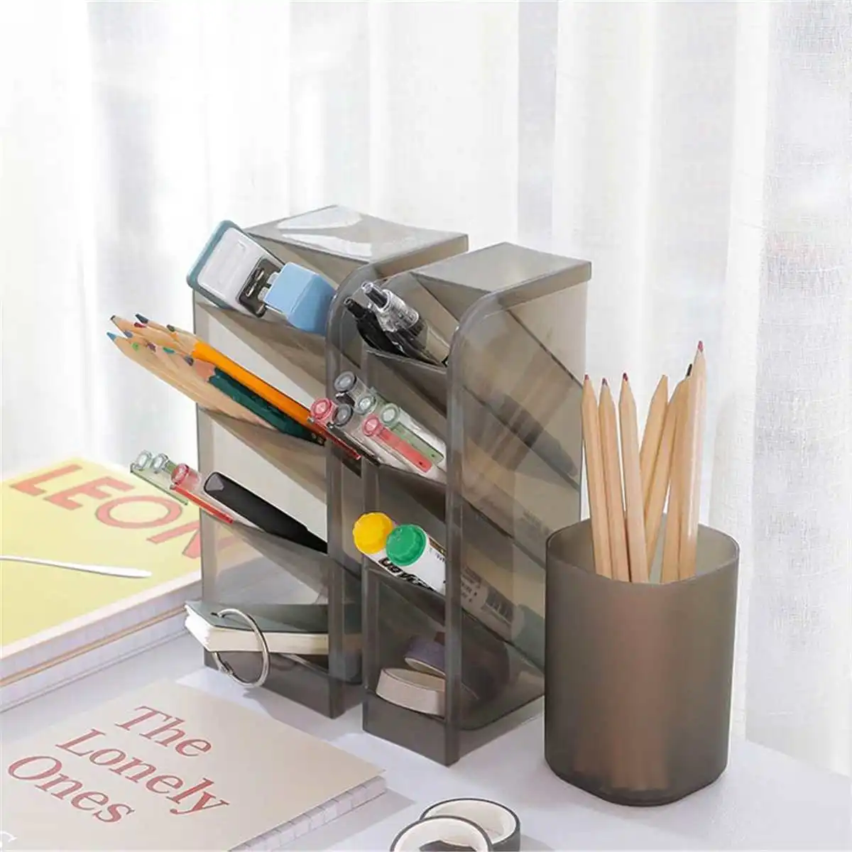 Настольная коробка для хранения с 4 отделениями прозрачная белая серая