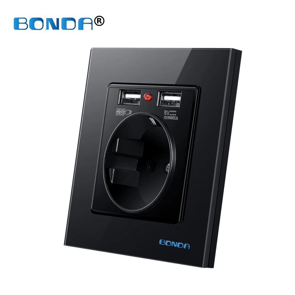 

BONDA Electrical USB Wall Socket Eu Germany Plug Outlets with 2 USB 16A Tempered Glass Power Outlet Kids Child Safety Protection