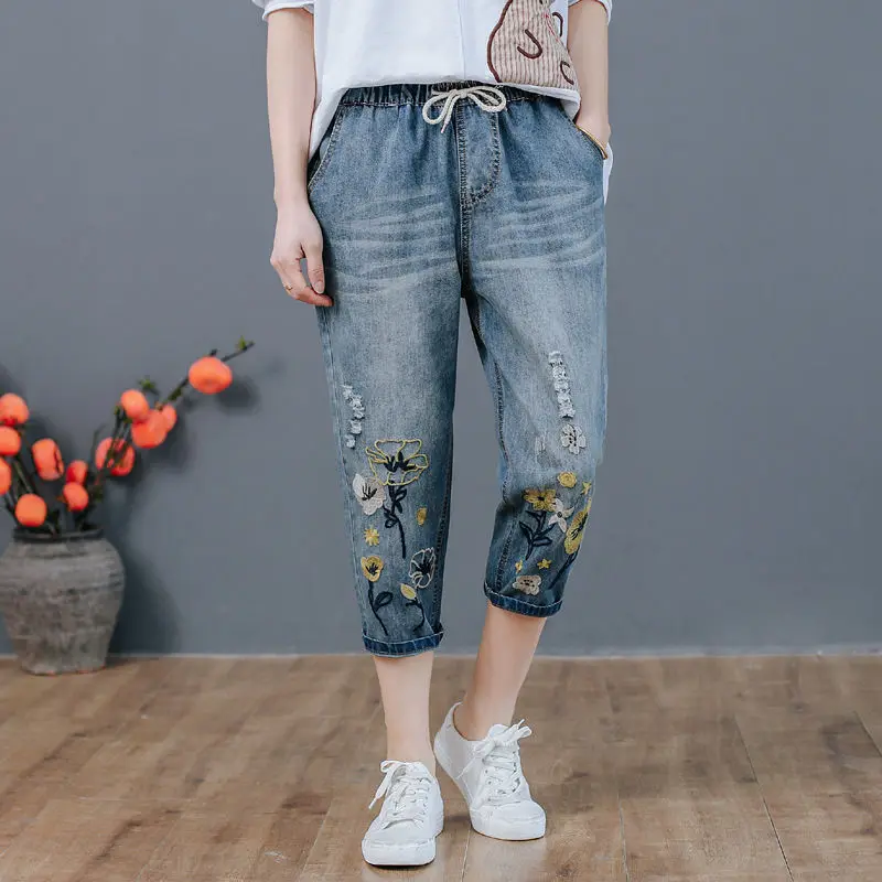 

Plus Size Embroidery Washed High Waist Jeans Woman Summer Lace Up Vintage Hole Ripped Jeans For Women Denim Harem Pants C6277