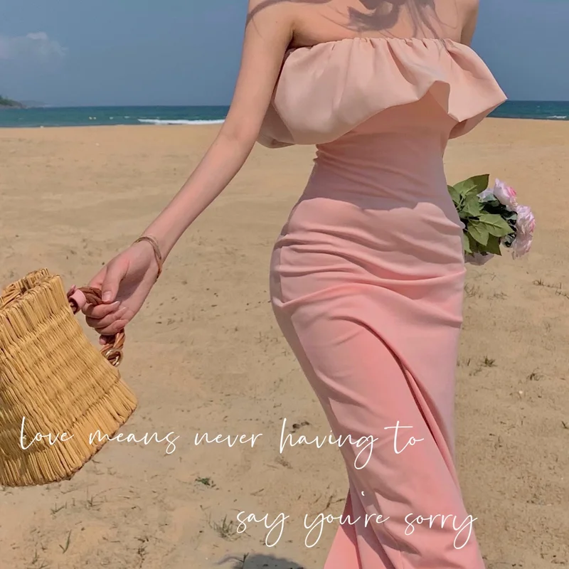 

Платье-футляр женское средней длины, темпераментная юбка на одно плечо с оборками, длинное тонкое ТРАПЕЦИЕВИДНОЕ, одежда на лето