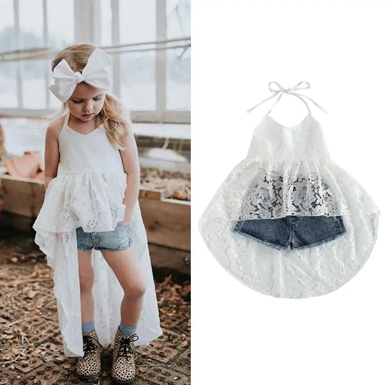 

Kids Girls Lace Dress Set Halter Tie Up Backless Dress Tops Elastic Waist Short Jeans with Pockets Fashion Children Sets