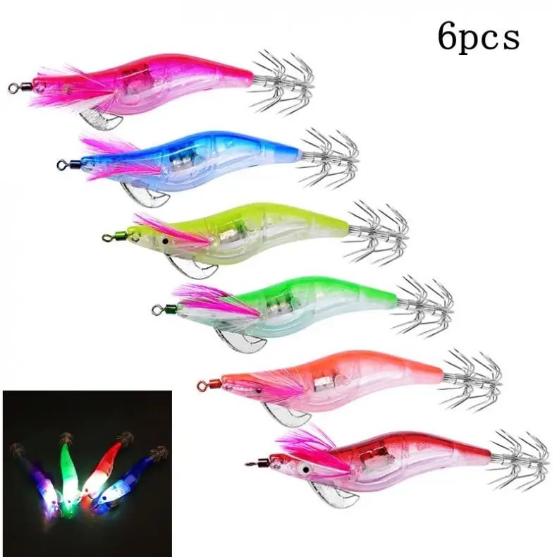 6pcs/lot LED Electronic Luminous Shrimp Squid Octopus Bait 10cm 12.2g Fishing Jigs Lures Night Tackle | Спорт и развлечения