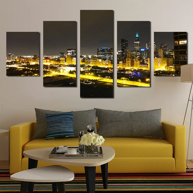 

5pcs Canvas Printed Poster Prosperous Modern City Night View Golden Yellow Light Frameless Painting Living Room Decoration