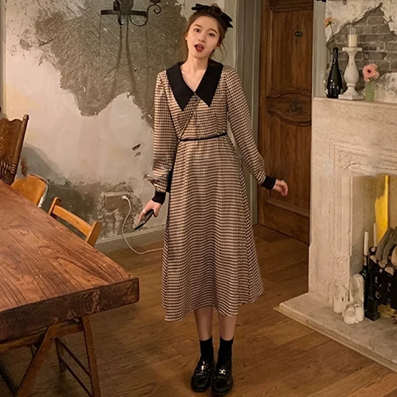 

Plaid Elegant Dress Spring Women Long Sleeve High Waist Vintage Dress Evening Female Korean Style One-Piece Fashion Lady Clothes