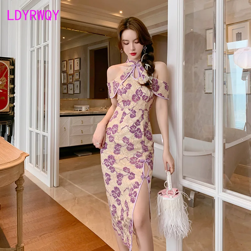 

LDYRWQY 2021 Summer New Slim Purple Lace Open Button Off-the-shoulder Dress Knee-Length Office Lady