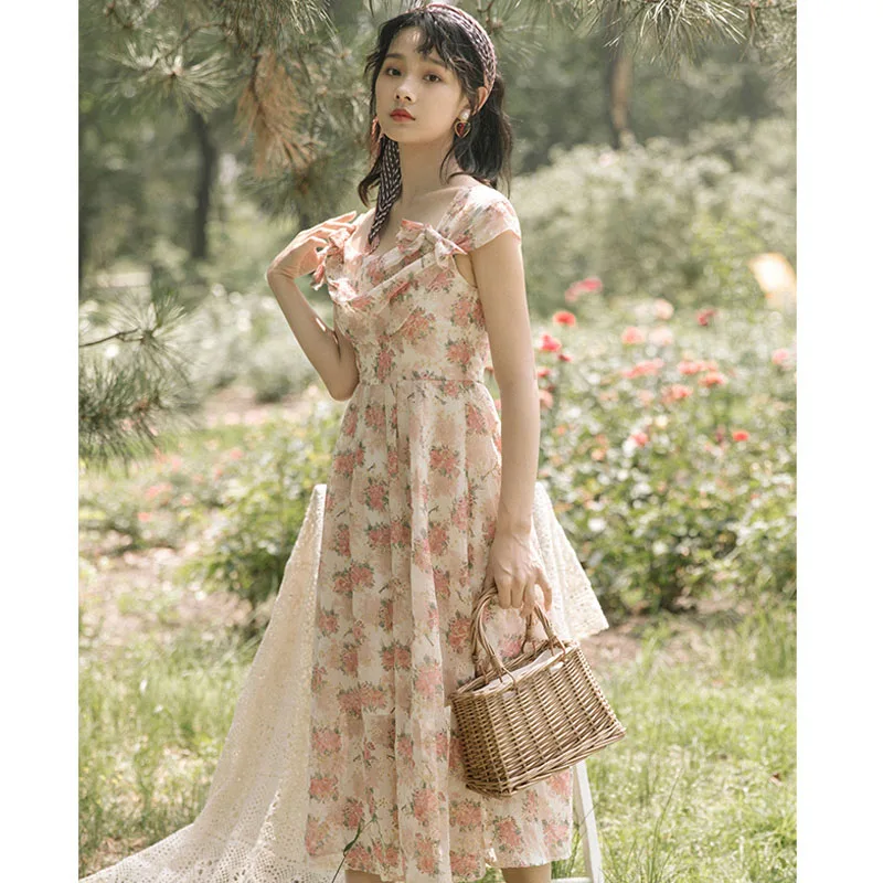 2021 Summer New Vintage Women Fairy Dress French Strap Floral Printed Hollow Out Romantic Vestidos Elegant Florals Chiffon | Женская