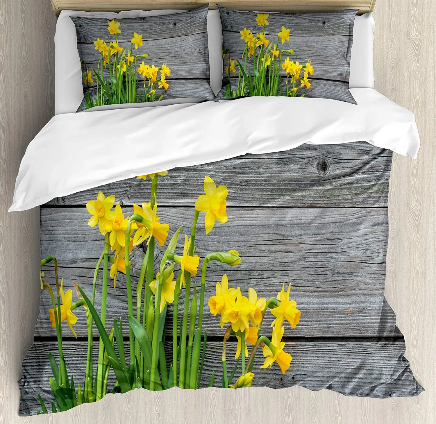 Комплект пододеяльников с желтыми цветами букет нарцидов на деревянных досках