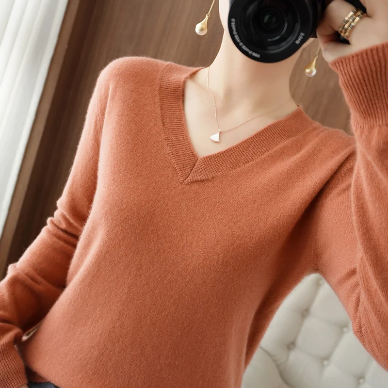

Женская трикотажная одежда, вязаные свитера из 100% чистой шерсти, стандартные пуловеры с длинным рукавом и V-образным вырезом, женские мягкие...