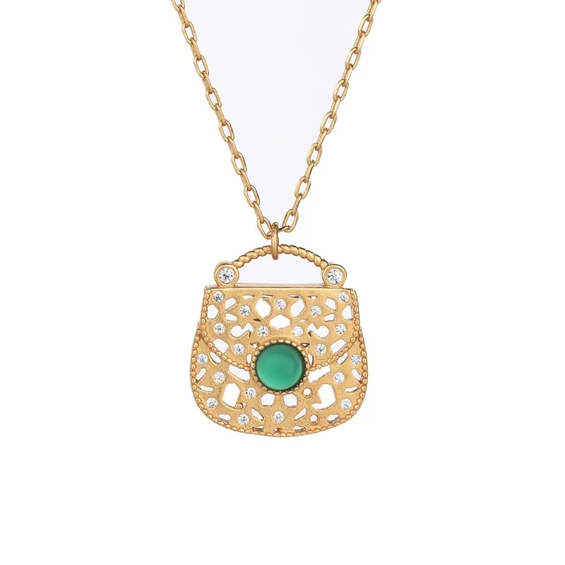 

Creative design palace style copper wallet pendant full of diamonds inlaid natural green chalcedony clavicle necklace