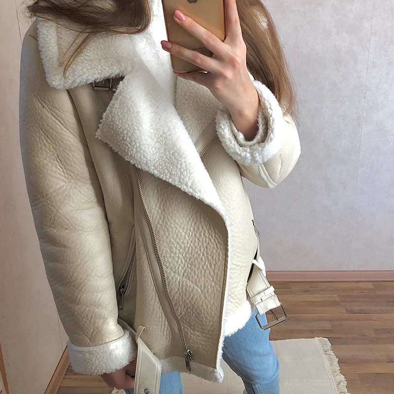 

Ailegogo Winter Coats Women Thickness Faux Leather Fur Sheepskin Female Fur Leather Jacket Aviator Outwear Casaco Feminino