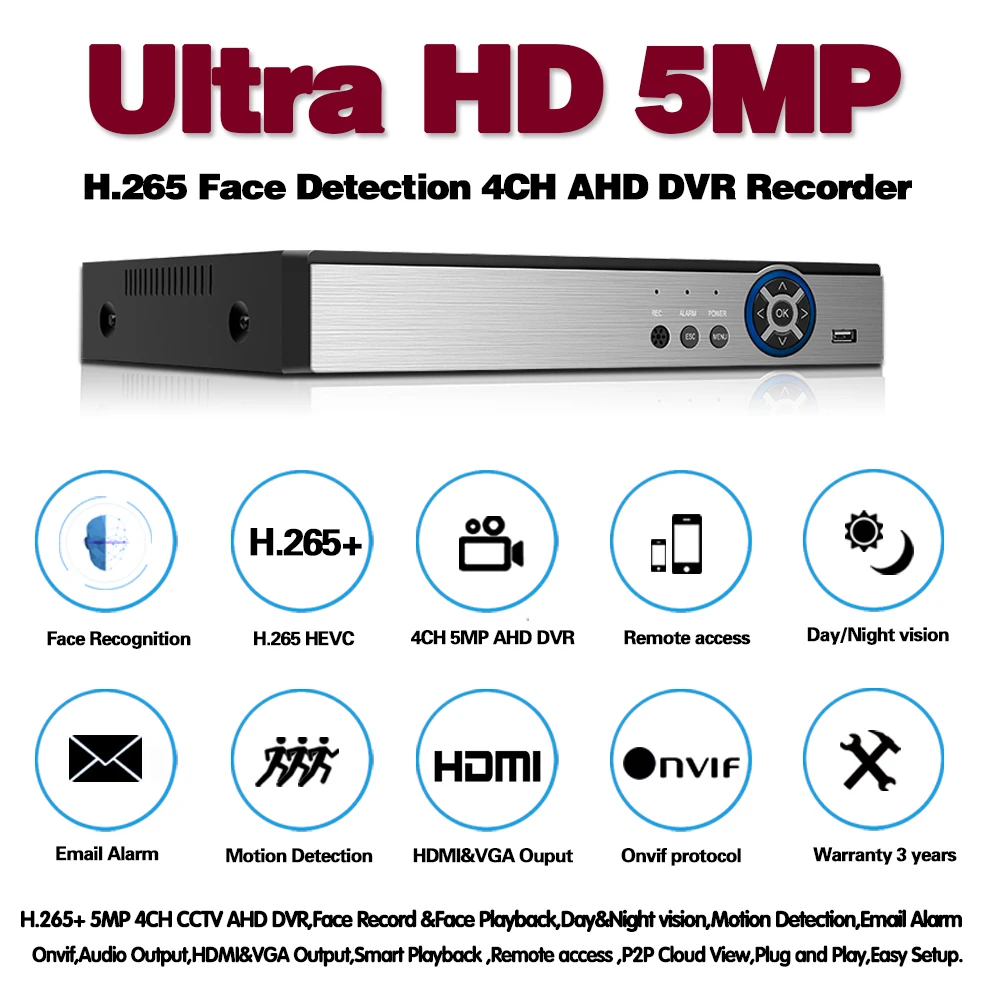 H.265 5MP 4CH AHD DVR NVR XVR CVI TVI XVI 6In1 Гибридный CCTV Аудио безопасности видео рекордер для 1080P