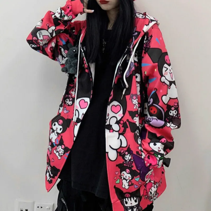 QWEEK Kawaii Anime Hoodie Women Harajuku Sweatshirt Plus Size Zip Up Hoodies Long Sleeve Cute Tops Oversize Black Ladies Pink