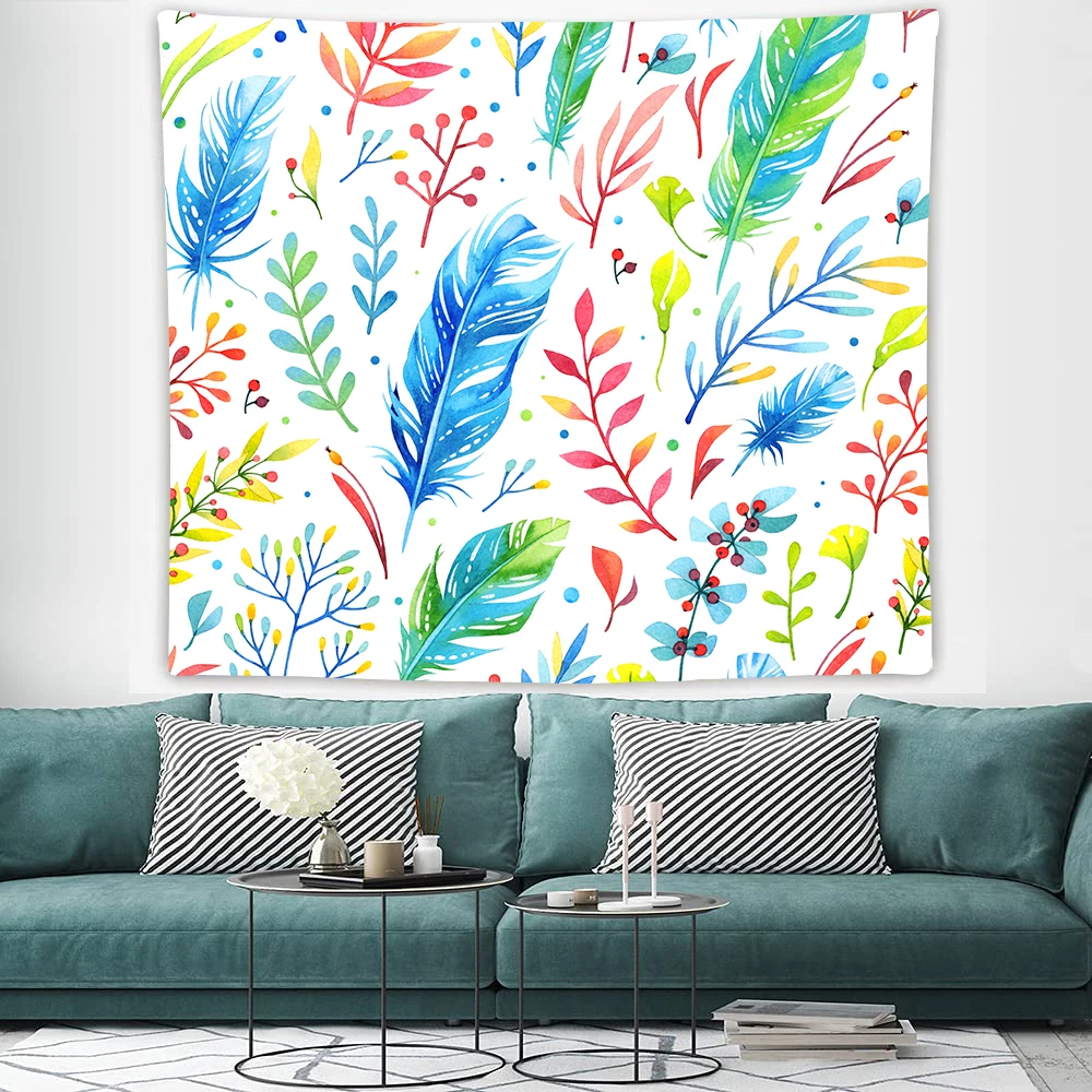 Цветной гобелен с перьями настенный эстетичный для спальни украшение