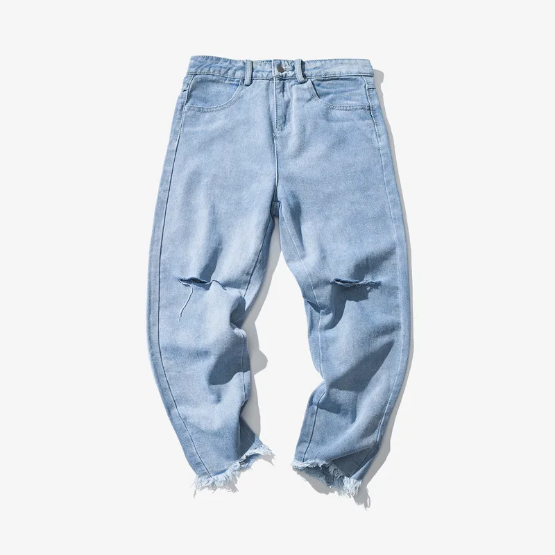 

Summer Thin 2022 Teenagers Street Hip Hop Ripped Jeans Men's Trendy Brand Straight Pants Korean Style Loose Light-colored Pants