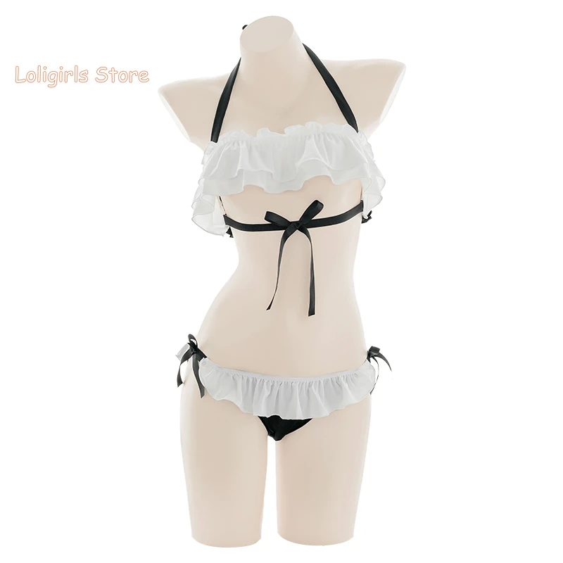 

Women Cute Simple Ruffle Sexy Hollow Underwear Sets Japanese Sweet Wrapped Chest Camisole Bandage Slim Sleepwear Suit Cosplay