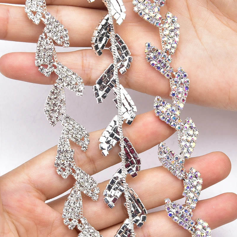 1 ярд листьев Стразы Лента с цепочкой Серебряная Хрустальная аппликация