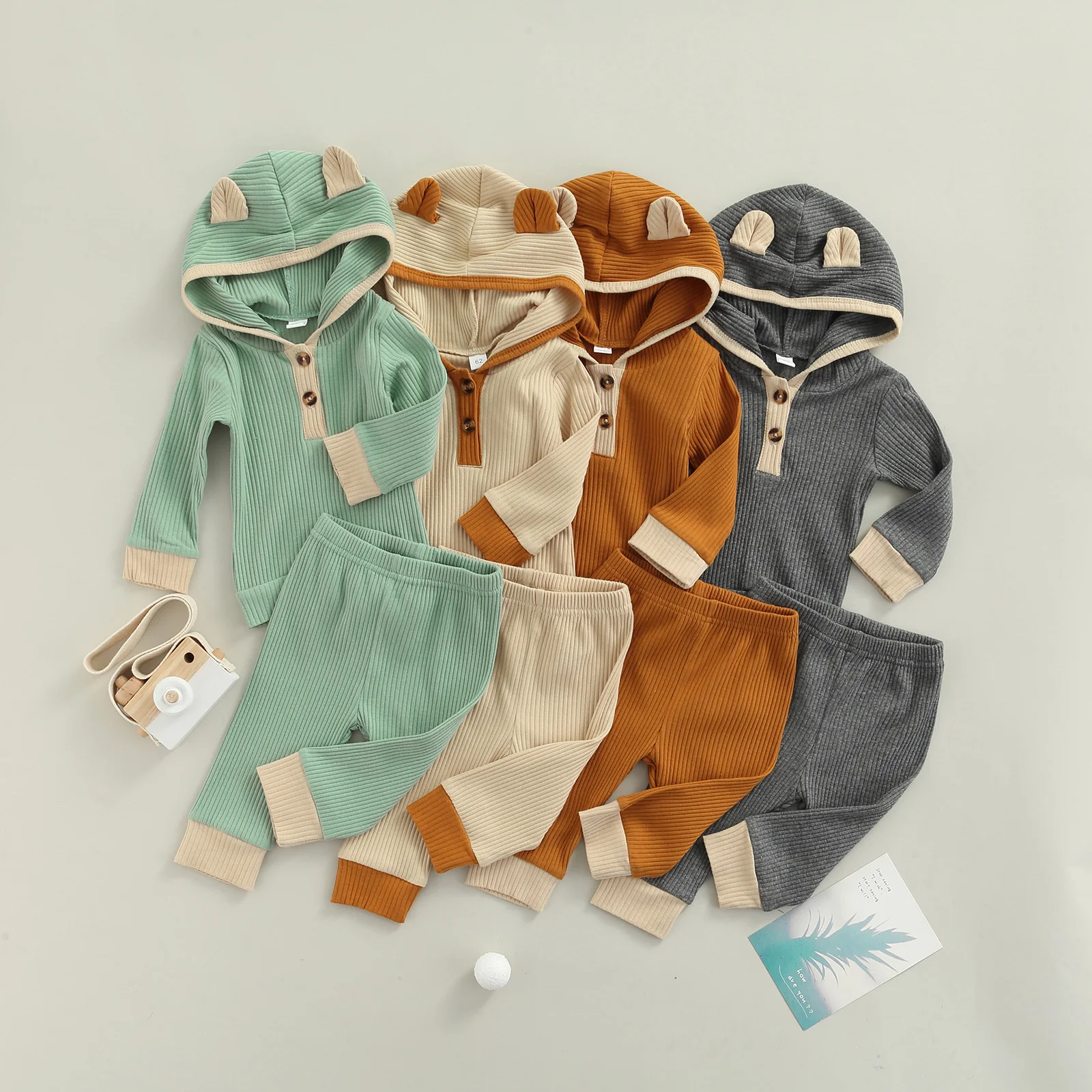 

2Pcs Newborn Ribbed Autumn Spring Cotton Outfits Toddler Color Block Long Sleeve Button Hooded Sweatshirt Trousers