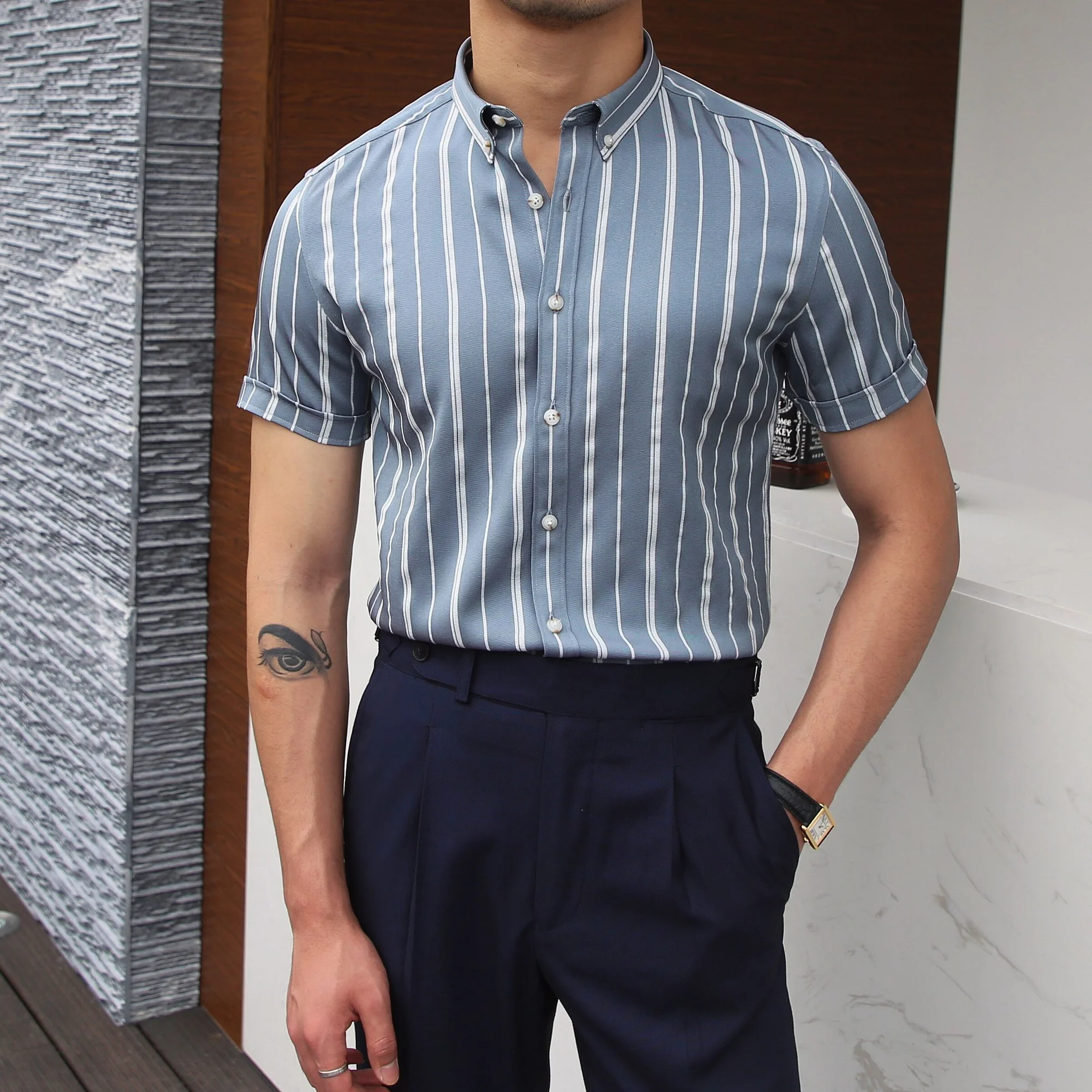 

Business Striped Shirt Short Sleeve Slim Fit Hairstylist Shirts Men Office Tuxedo Stripe Shirt Social Plus Size 2021 Summer Men