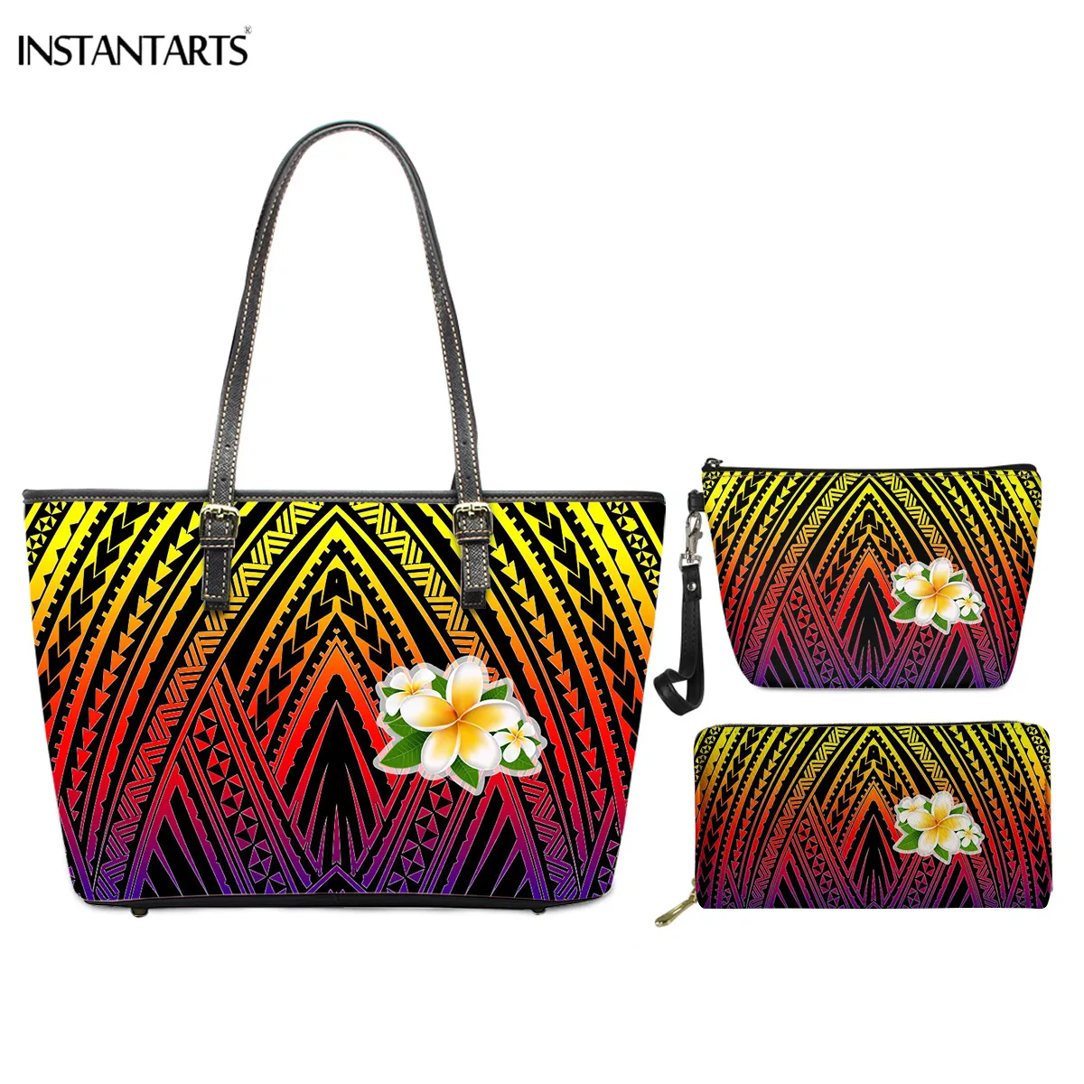 

INSTANTARTS Gradient Ethnic Tribe Plumeria Print Women PU Leather Bag with Make Up Bag and Wallet 3pcs Ladies Top-Handle Bags