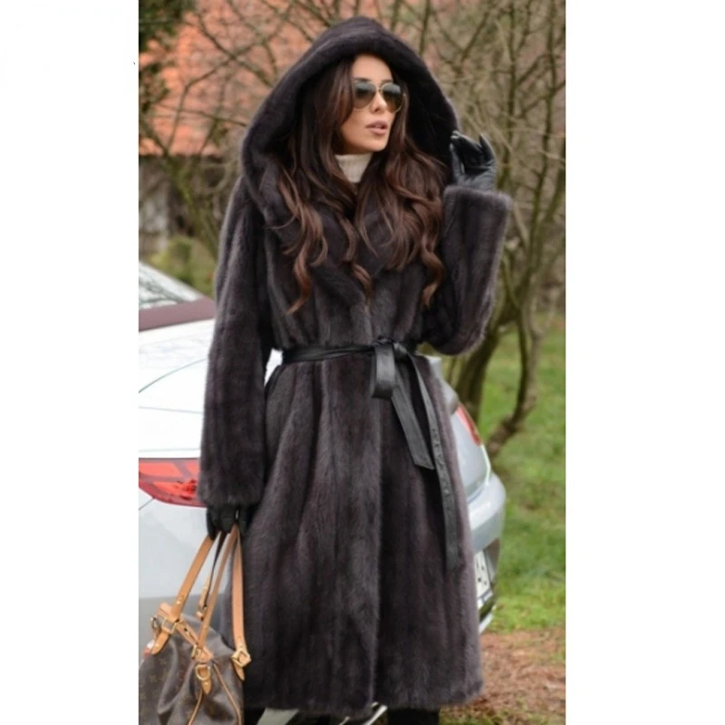 

2021 New Mink Fur Coat Winter Jacket For Women Fashion Outwear Thick Warm Long Coat With Hood 100% Real Mink Fur With Belt