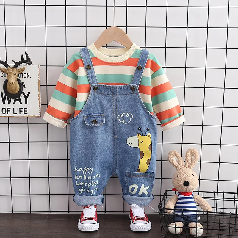 

2021 New Spring Children's Clothing Middle Small Long-sleeved Suit Denim Bib Men and Women Two-piece Suit Kids Clothes GBT03