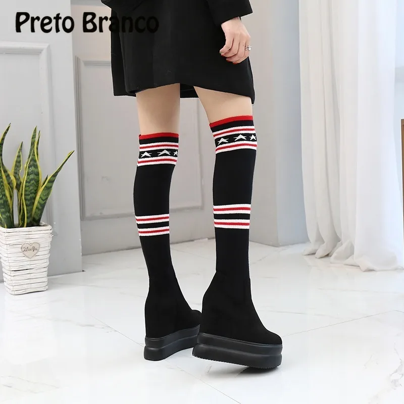 PRETO BRANCO/женские носки на платформе Черные женские сапоги до колена Эластичные