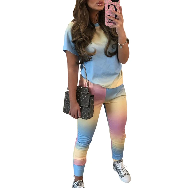 Женский спортивный костюм из двух предметов облегающая футболка с круглым