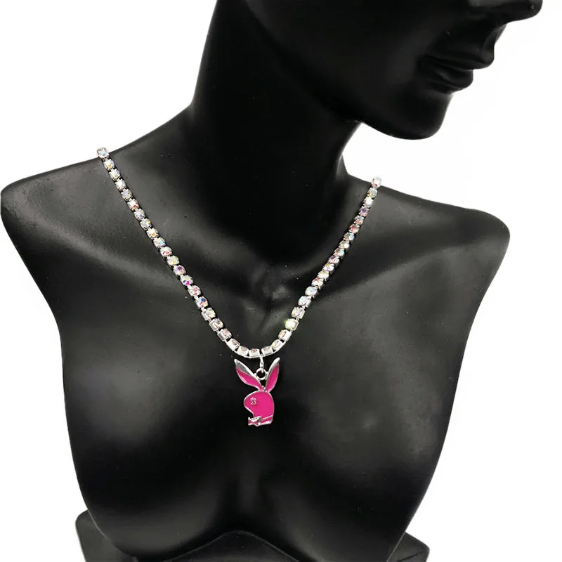 

ZN Fashion Jewelry Punk Pink Rabbit Rhinestone Pendant Choker Necklace for Women Girl Trendy Hip Hop Stainless Steel Necklaces