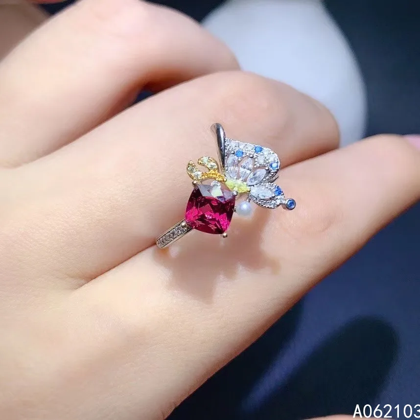 

KJJEAXCMY fine jewelry 925 sterling silver inlaid Natural garnet Women's fresh Butterfly Pearl Square adjustable gem ring suppor