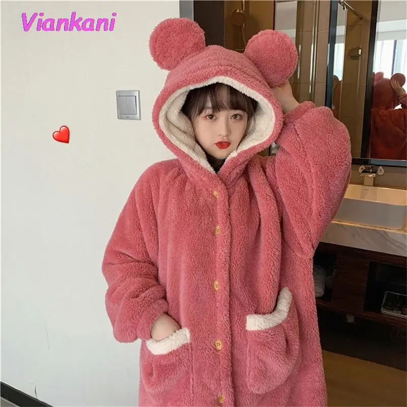 

Winter Fleece Nightgown Dress Cute Cartoon Bear Coral Fleece Hooded 2021 Pink Thicken Pajamas Single Breasted Keep Warm Pajamas
