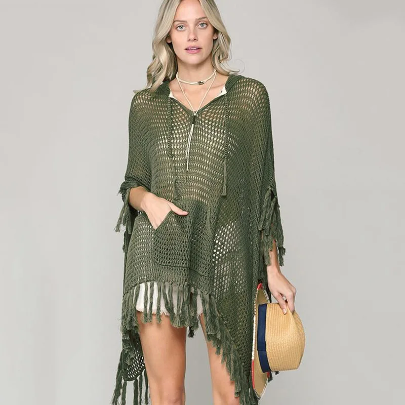 Women's Beach Cover Up Army Green Tassel Knitted Cover Ups Hooded Crochet Sweater Sexy Bikini Mesh Covers Bathing Suit Dress