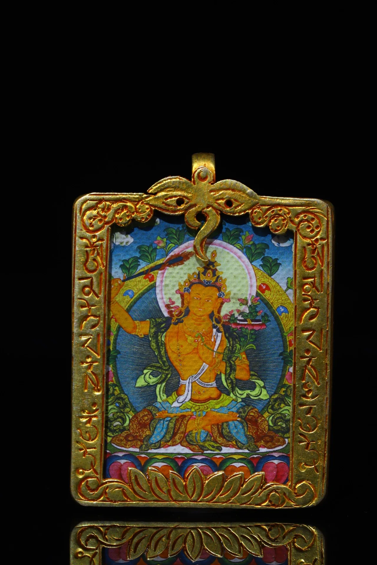 

2"Tibetan monastery Old Bronze Gilt Hand drawn thangka Manjushri Guanyin Bodhisattva statue amulet Pendant Exorcism