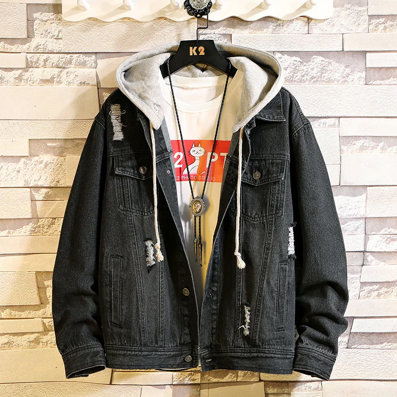 UYUK Fall/winter New Look Stylish And Temperamented With Loose Casual Hooded Denim Cotton Men's Cargo Jacket Clothes | Мужская