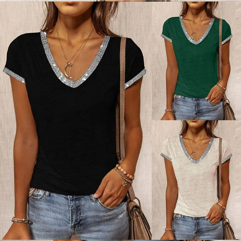 

Summer New Style V-neck T-shirt Tops for Ladies Contrast Color Slim Short-sleeved T-shirt Fashion Plus Size Sexy T-shirt Tops