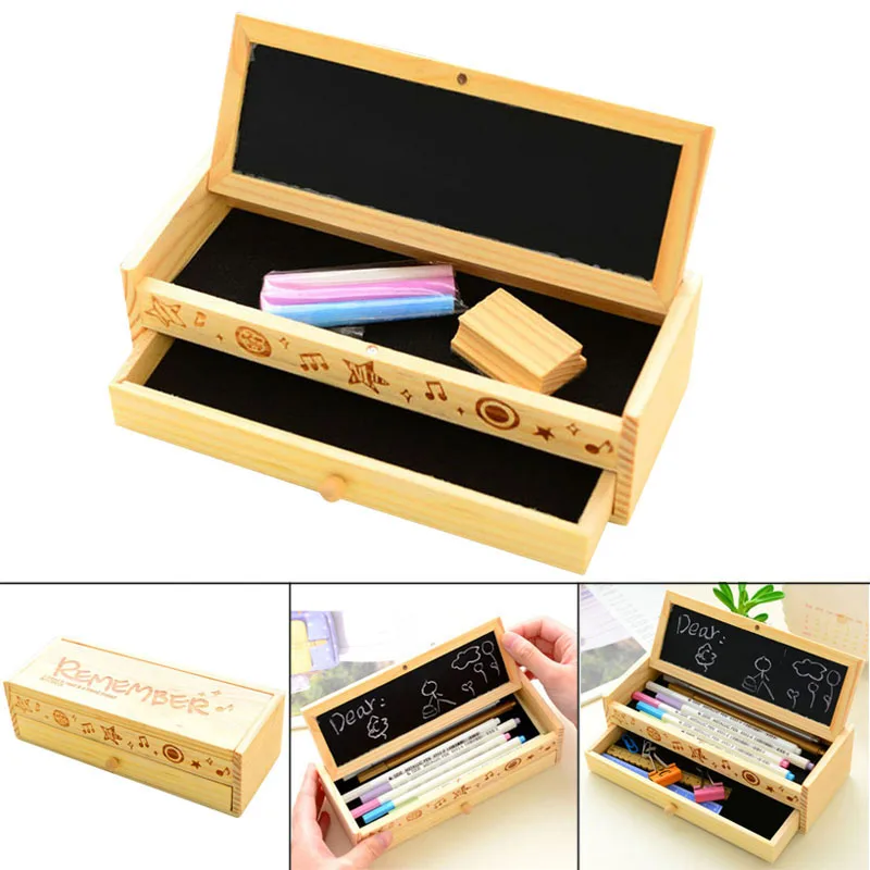 Деревянный Карандаш Чехол 2 Слои большой Ёмкость ручка держатель с черной доски