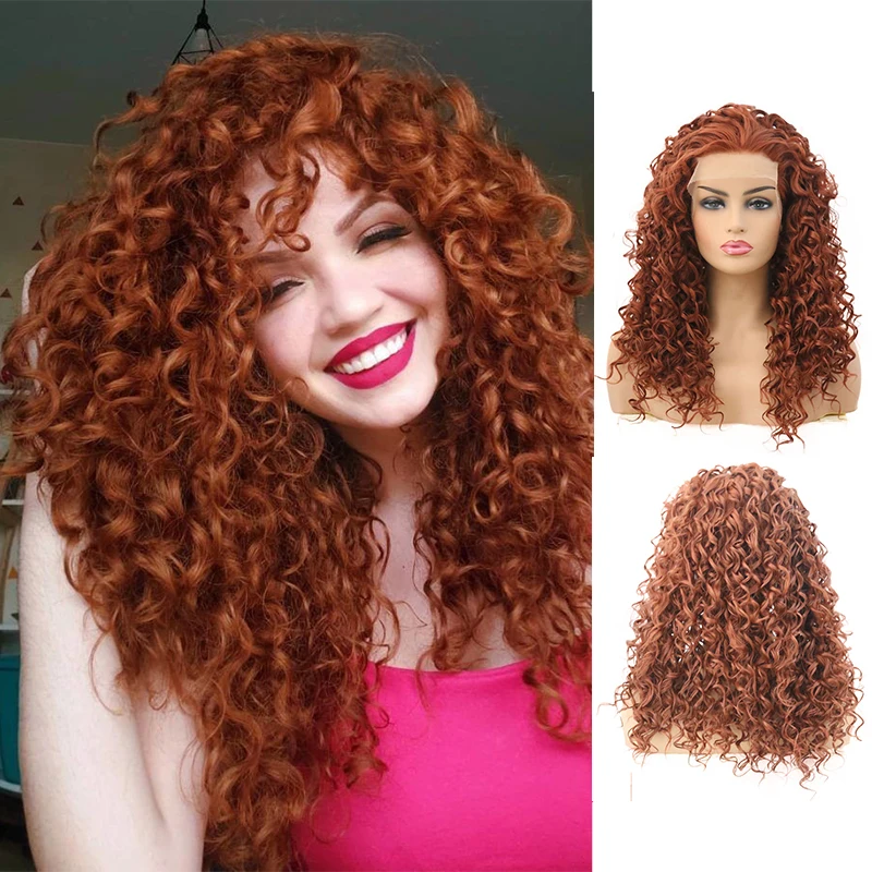 

AIMEYA Blonde/ Brown Deep Curly Long Synthetic Lace Front Wig for Women Free Part Natural Hairline Half Hand Tied Lace Hair Wigs
