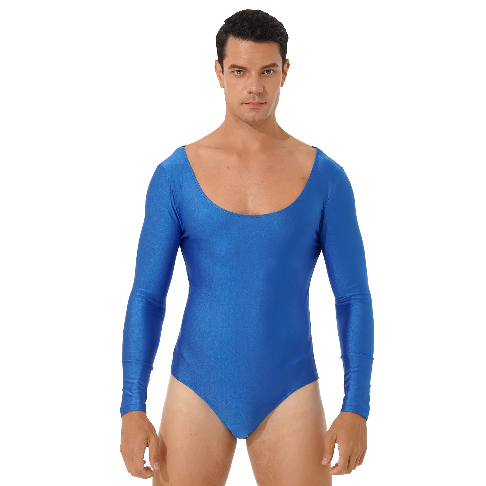

Men Round Neck Long Sleeve Swimming Gym Dance Sport Bodysuit Solid Color Stretchy Romper Playsuit Leotard