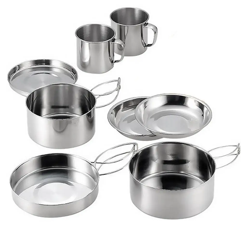 

8Pcs/set Ultra-light Stainless Steel Outdoor Picnic Pot Pan Kit Outdoor Camping Hiking Mini Cookware Bowl Cup Cover Cooking Set