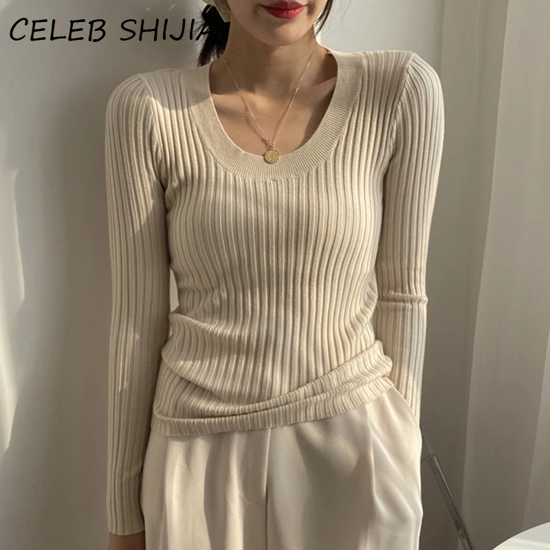 

SHIJIA шикарный женский базовый Тонкий теплый вязаный Топ с круглым вырезом, обтягивающий эластичный осенне-зимний женский пуловер с длинным ...