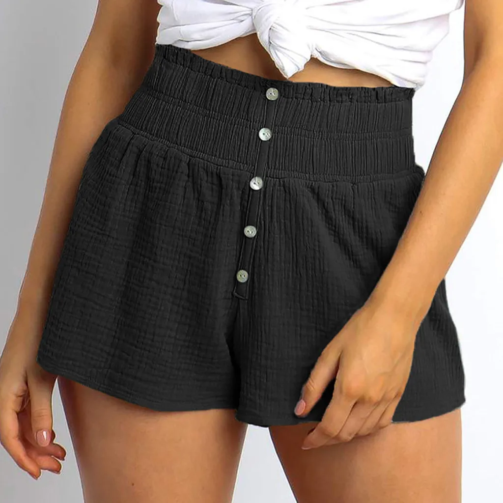 

Simple New Fashion Shorts Woman Shorts Summer Black Mid Waist Button Casual Pocket Straight Shorts Hot Sale Wide Short Women