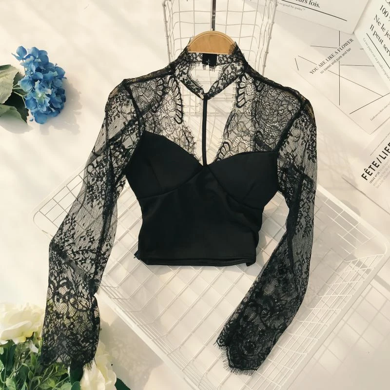 

WEPBEL T-shirt Summer Solid Color Lace Slim Fit Patchwork T-shirt Women's Long Sleeve V-neck Hollow Out See-through T-shirt