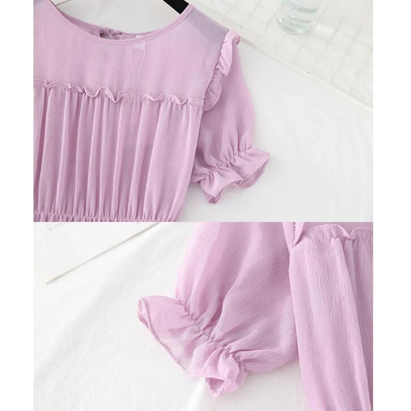 

Women Solid Ruffles Summer Dress Boho Vintage Party Chiffon Dresses Elegant A-Line Korean Midi Long Dress Short Sleeve vestidos