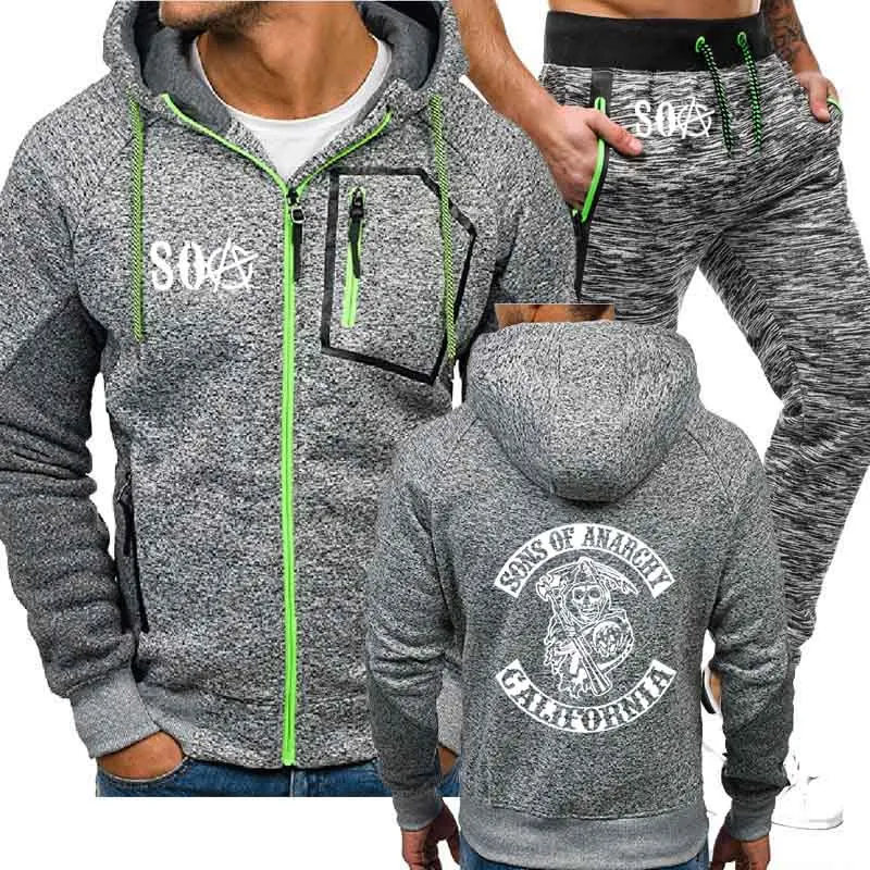 

SOA Sons of anarchy the child Skull Printed Fashion jacket Men Casual Fleece Sweatshirt Hip Hop Mens Hoodies Pants Suit 2Pcs