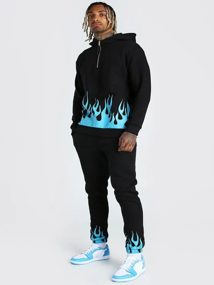 

Men New Running Sports Hip Hop Red Flame Printing Suit Male Gym Fitness Training Hoodie Pants Sets Jogging Clothing Size 4XL