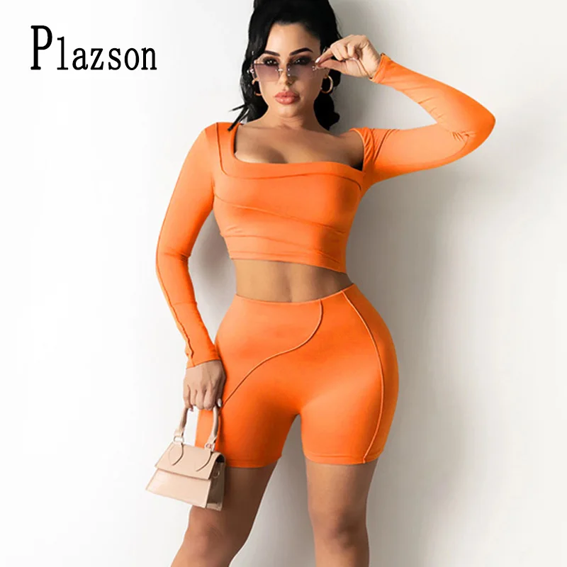 

2021 Shorts Sets Summer Solid Outfits For Women Long Sleeve Top And Short Pant Two Piece Sets Ladies Casual Suits шорты женский