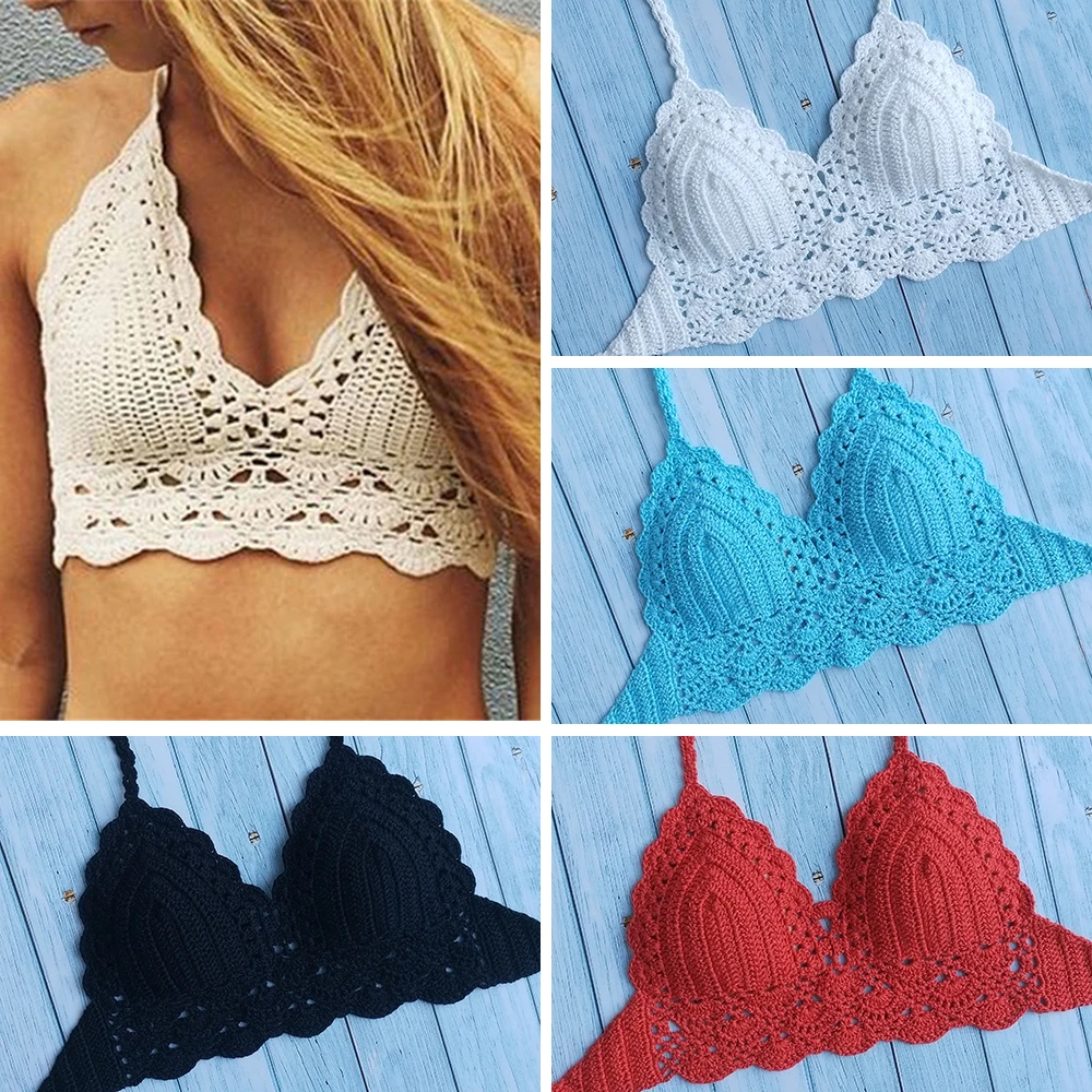 10 Colors Have Lining Womens Bikini Top Sexy Crochet Knit Separate Female Swimsuit Push Up Bra Beachwear Plus Size Bathing Suits
