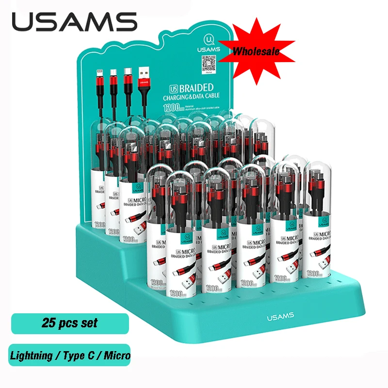 

USAMS 25pcs/a lot Wholesale 1.2m 2A Micro USB Type C Lightning Braided Phone Cable For iPhone Samsung Xiaomi Huawei Data Cable