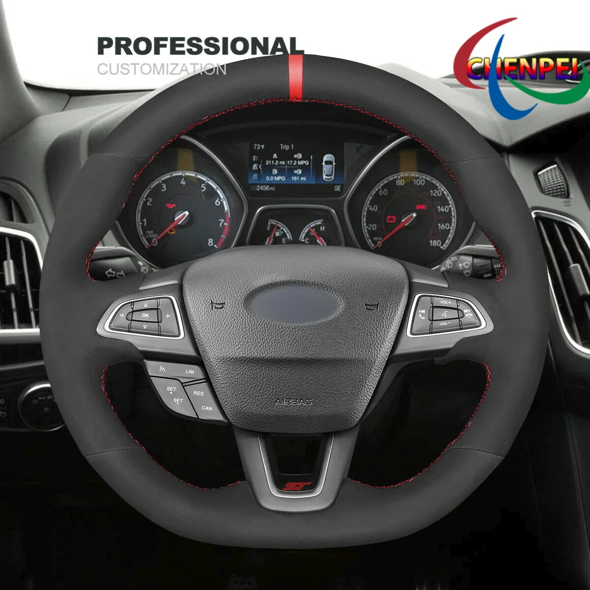 

DIY Hand-Sewn Black Synthetic Suede Car Steering Wheel Cover For Ford Focus (ST | RS) 2015 Car Interior Accessories